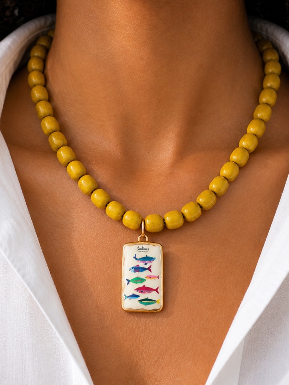 New! Coastal Yellow Ceramic Beaded Sardines Charm Necklace NWOT (3025)